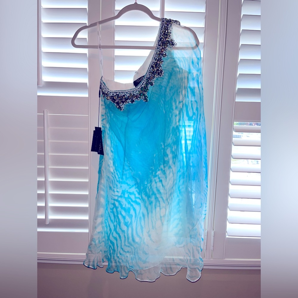 💦 💎 NWT Terani Couture 100% Silk Grecian Tie Dye Watercolor Aqua Multi Dress